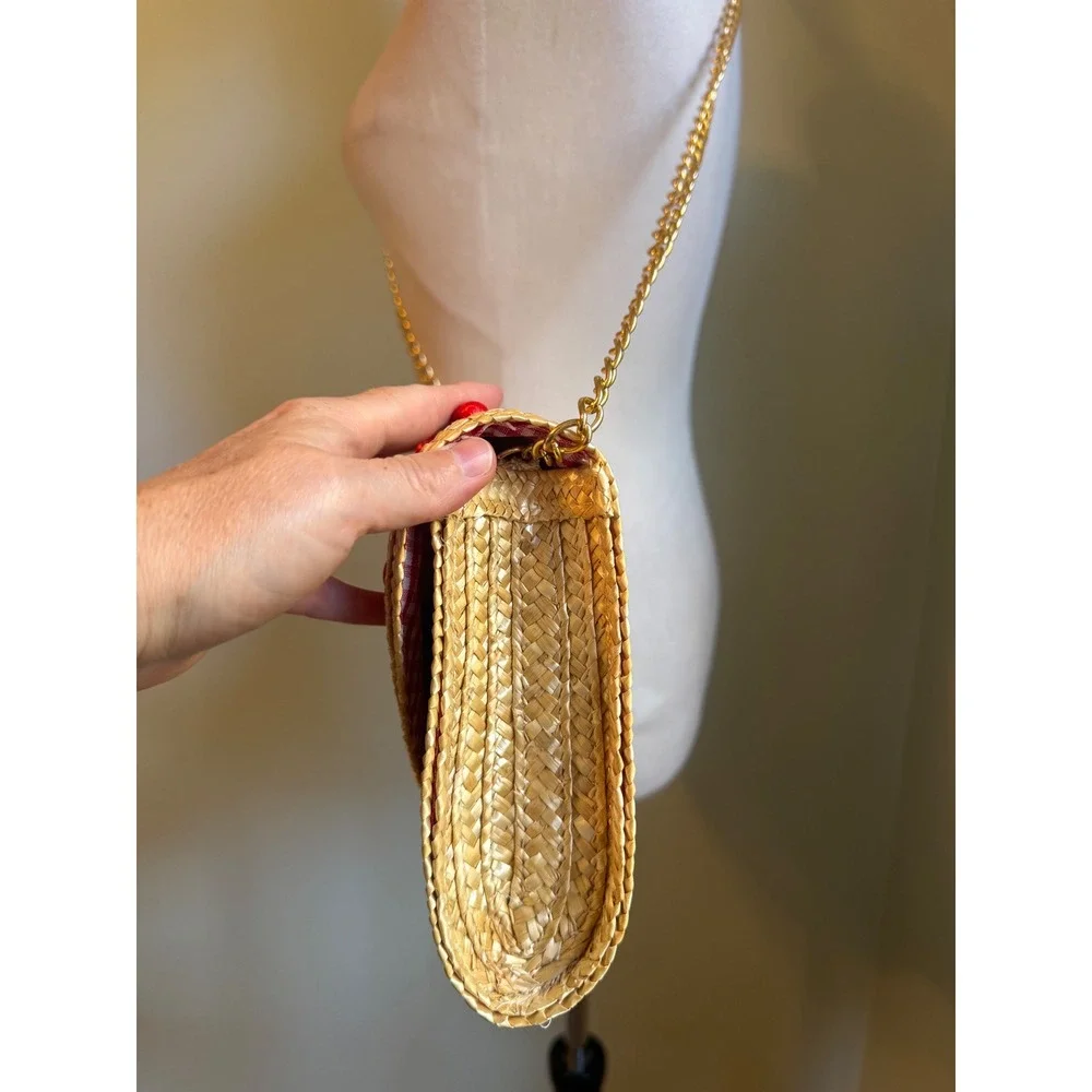 Straw Cherry Embroidered Crossbody Bag Gold Tan Red whimsi dainty cottage resort